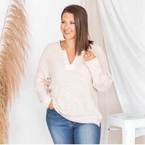 Pink Lily Women's Cozy Beige V-Neck Sweater